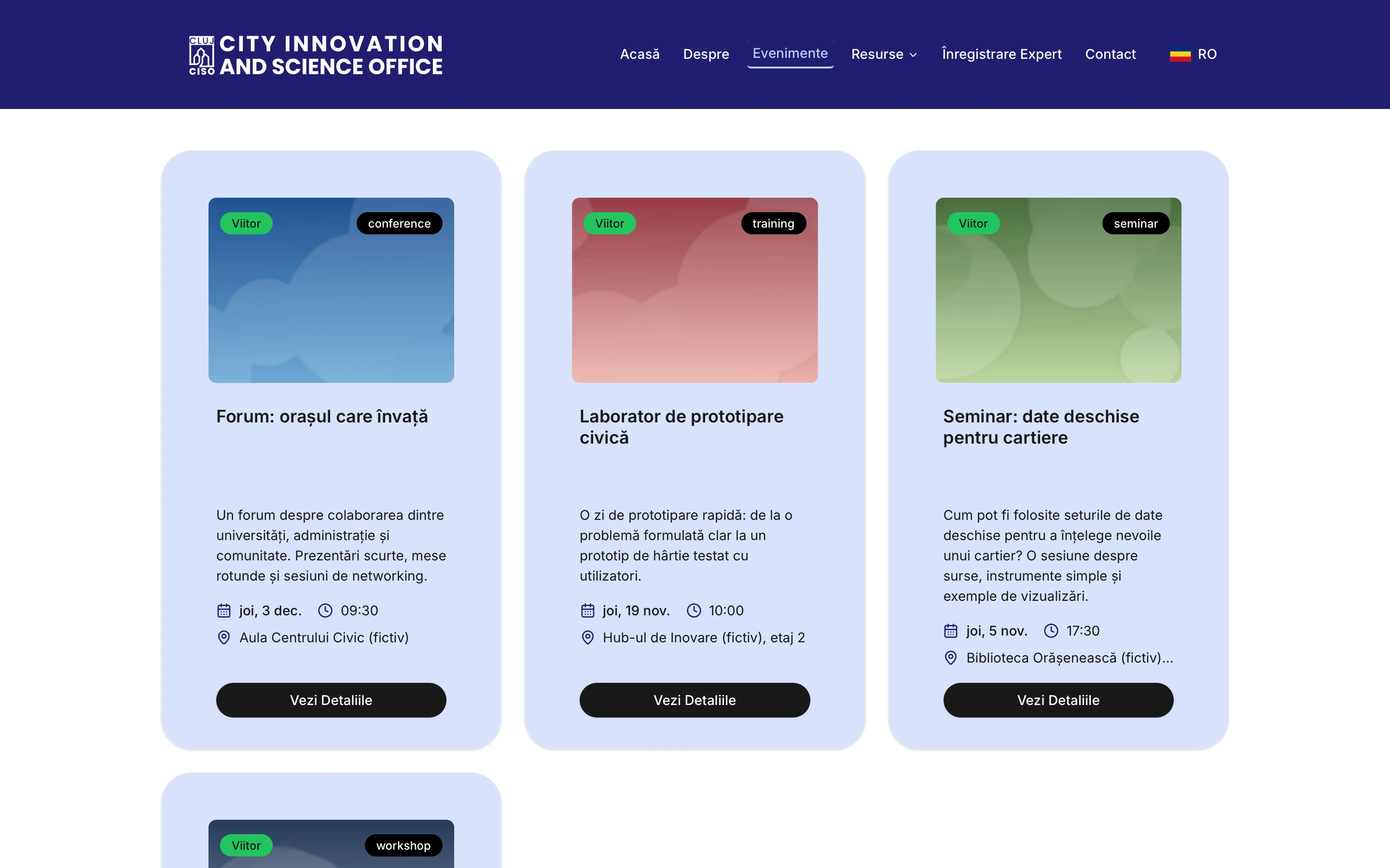 Pagina de evenimente a platformei CISO: căutare, filtre pentru evenimente viitoare și trecute și carduri cu imagine, stare, o descriere scurtă, data și ora. Conținut demonstrativ.