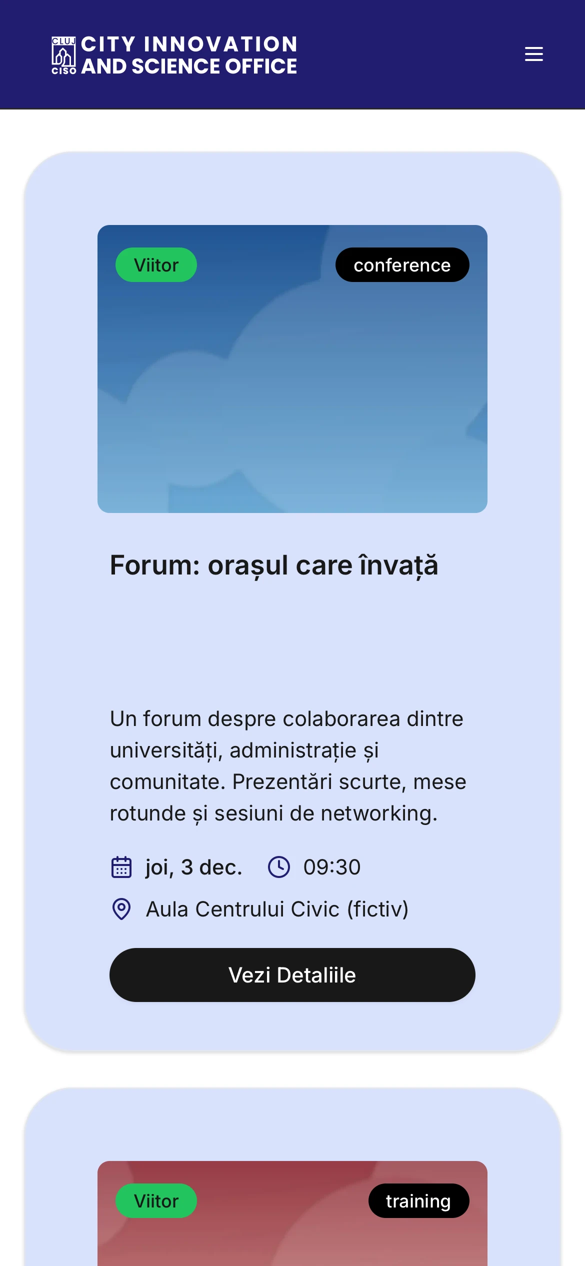Pagina de evenimente pe telefon: căutare, filtre și primul card de eveniment, cu afiș și descriere.
