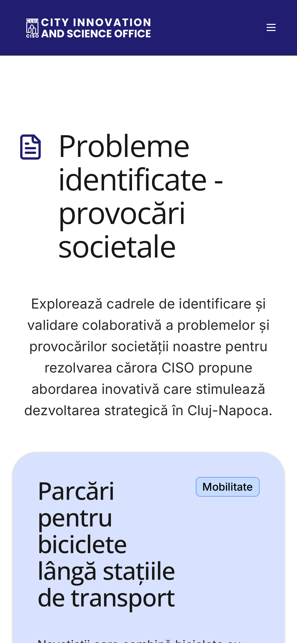 Pagina de probleme pe telefon: titlul paginii și primul card, despre decalajul de dezvoltare dintre urban și rural.