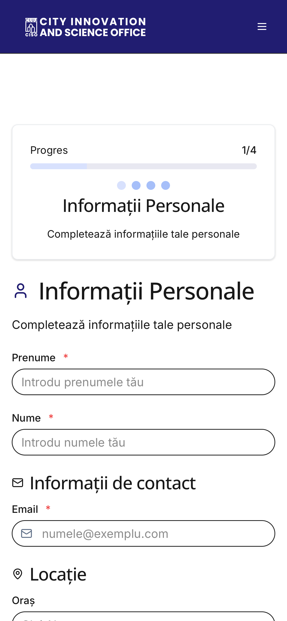 Formularul de înregistrare a expertului pe telefon: progresul pentru pasul unu din patru și câmpurile pentru prenume, nume și e-mail.