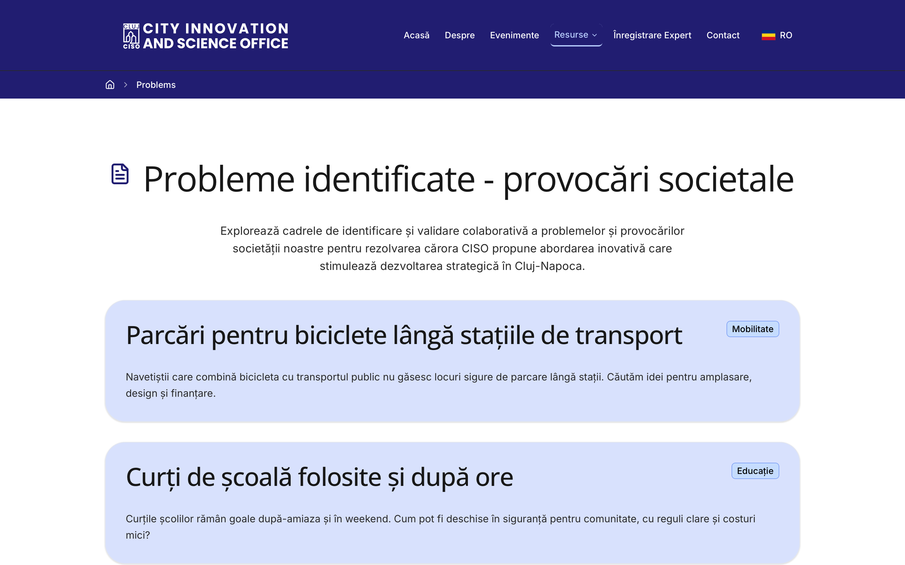 Pagina de probleme a platformei CISO: provocări identificate împreună cu cetățenii și actorii locali, fiecare pe un card cu titlu, o etichetă de temă precum dezvoltare rurală sau educație și contextul ei.