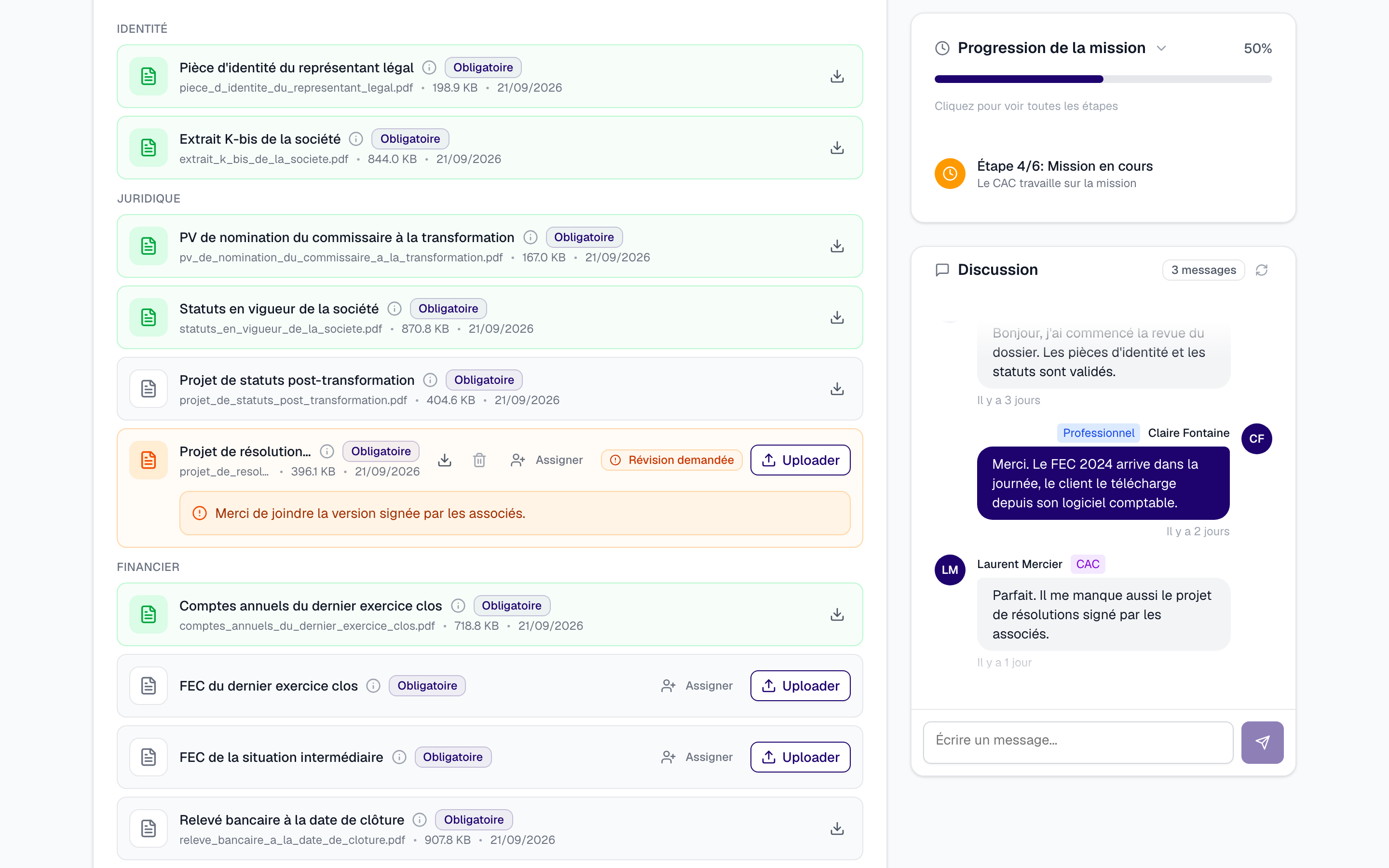 Tabloul de bord Mozar pentru profesioniști, pe o misiune: documentele cerute grupate pe identitate, juridic și financiar, un document marcat pentru revizuire cu nota auditorului, progresul misiunii la 50 la sută și o discuție cu auditorul.