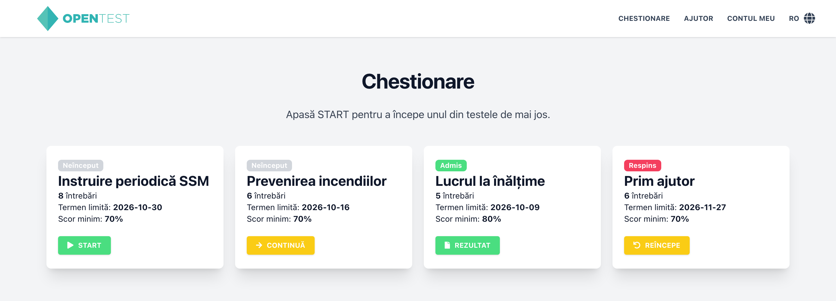 Lista de chestionare OpenTest pentru un angajat. Patru carduri de instruire (SSM periodic, prevenirea incendiilor, lucrul la înălțime, prim ajutor) arată numărul de întrebări, termenul limită și scorul minim, cu etichetele Neînceput, Admis și Respins și butoanele Start, Continuă, Rezultat și Reîncepe. Date demonstrative.