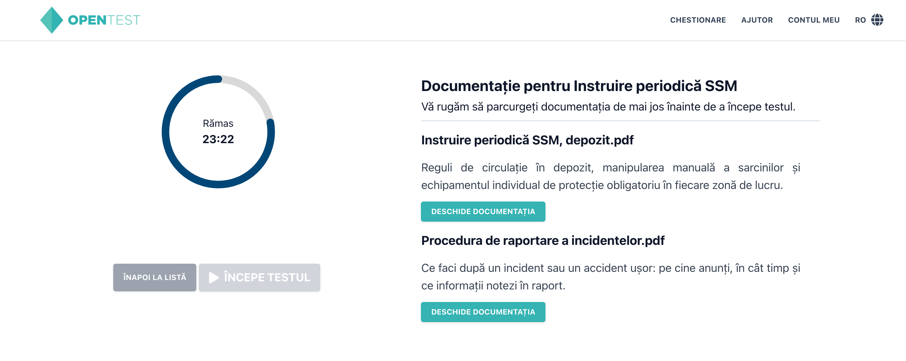 Pagina de studiu pentru instruirea periodică SSM: un cronometru circular arată 23:22 rămase, butonul Începe testul este dezactivat, iar alături sunt listate două documente PDF, cu scurte descrieri și butoane Deschide documentația. Conținut demonstrativ.