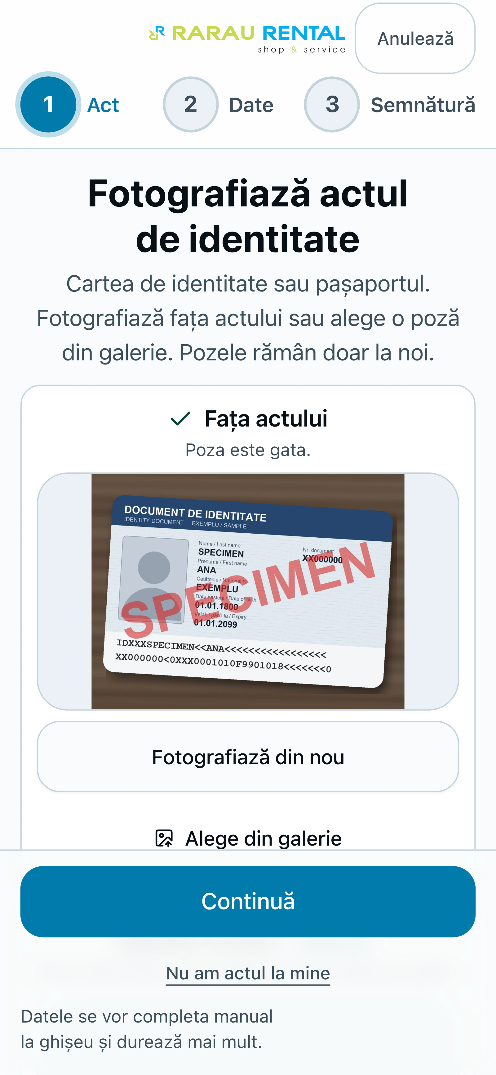 Înregistrarea Rarău Rental pe telefon, pasul 1 din 3: fotografia unui act de identitate marcat vizibil SPECIMEN ocupă locul pentru fața actului, cu butonul Continuă dedesubt.