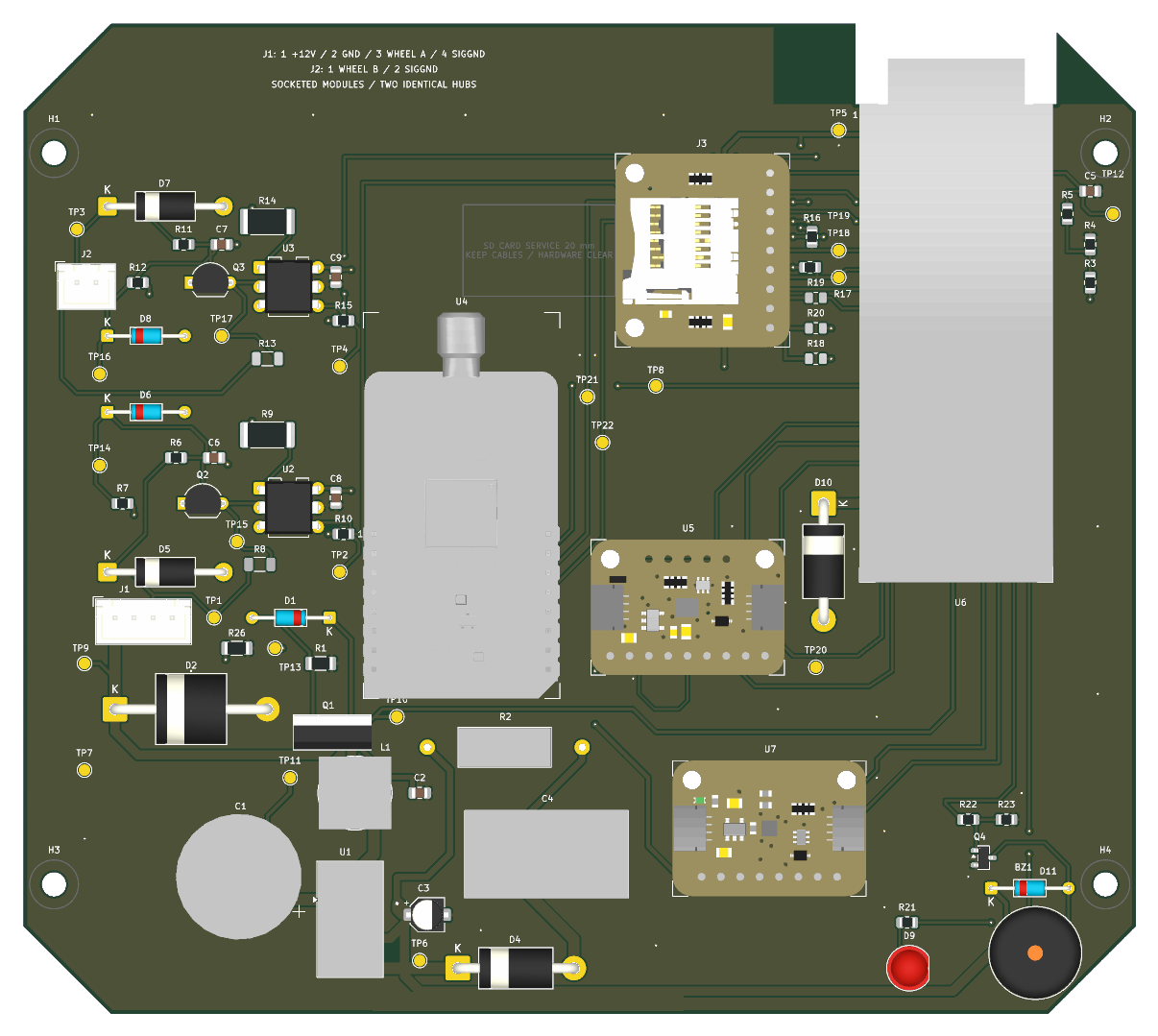 Randare 3D a plăcii hubului, văzută de sus: un modul ESP32 pe soclu, un soclu microSD, două module de senzori, protecția intrării de alimentare, doi conectori pentru senzorii de roată, un LED de stare și un buzzer.